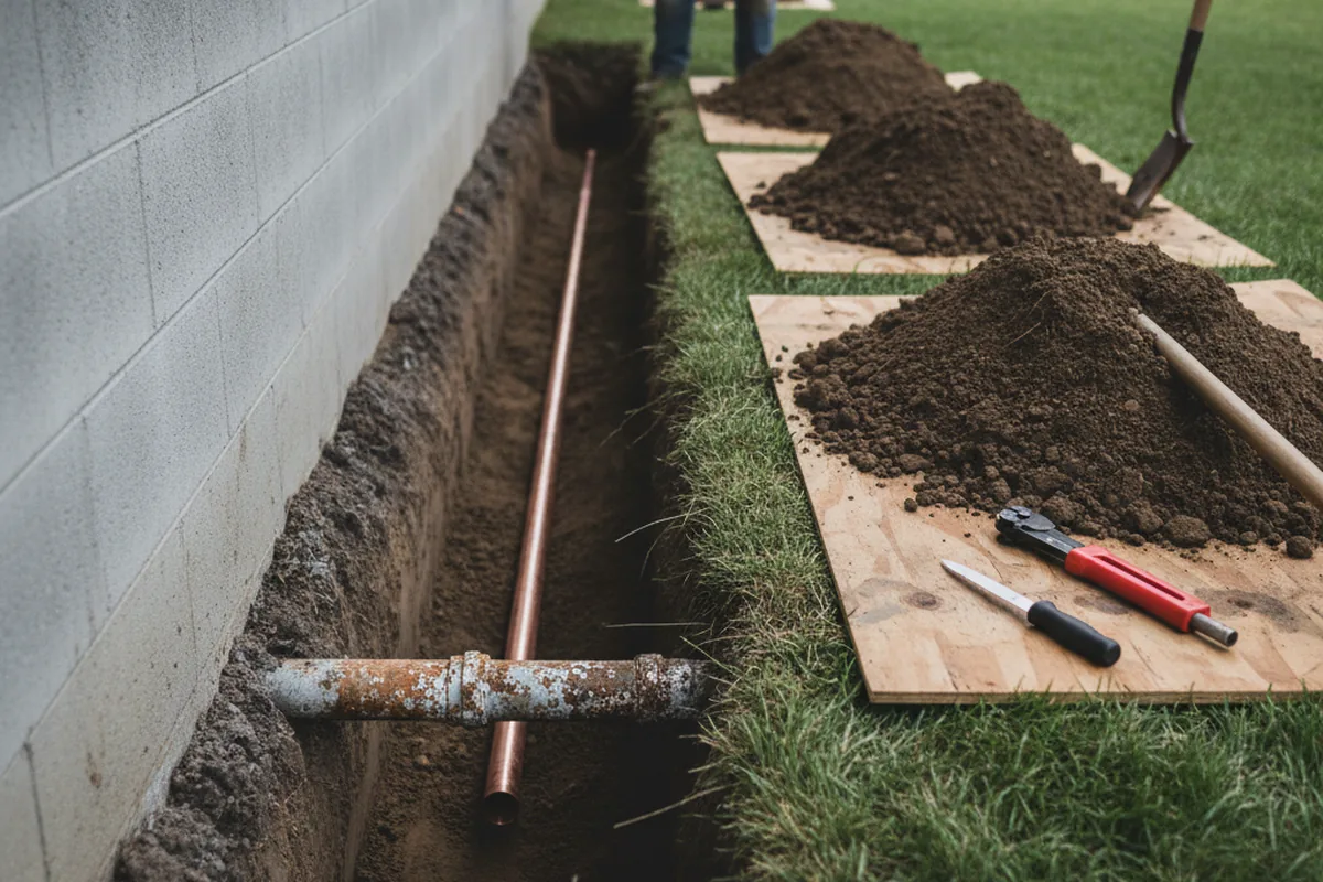 Excavated water line trench during Sewer Line Repair in Quogue